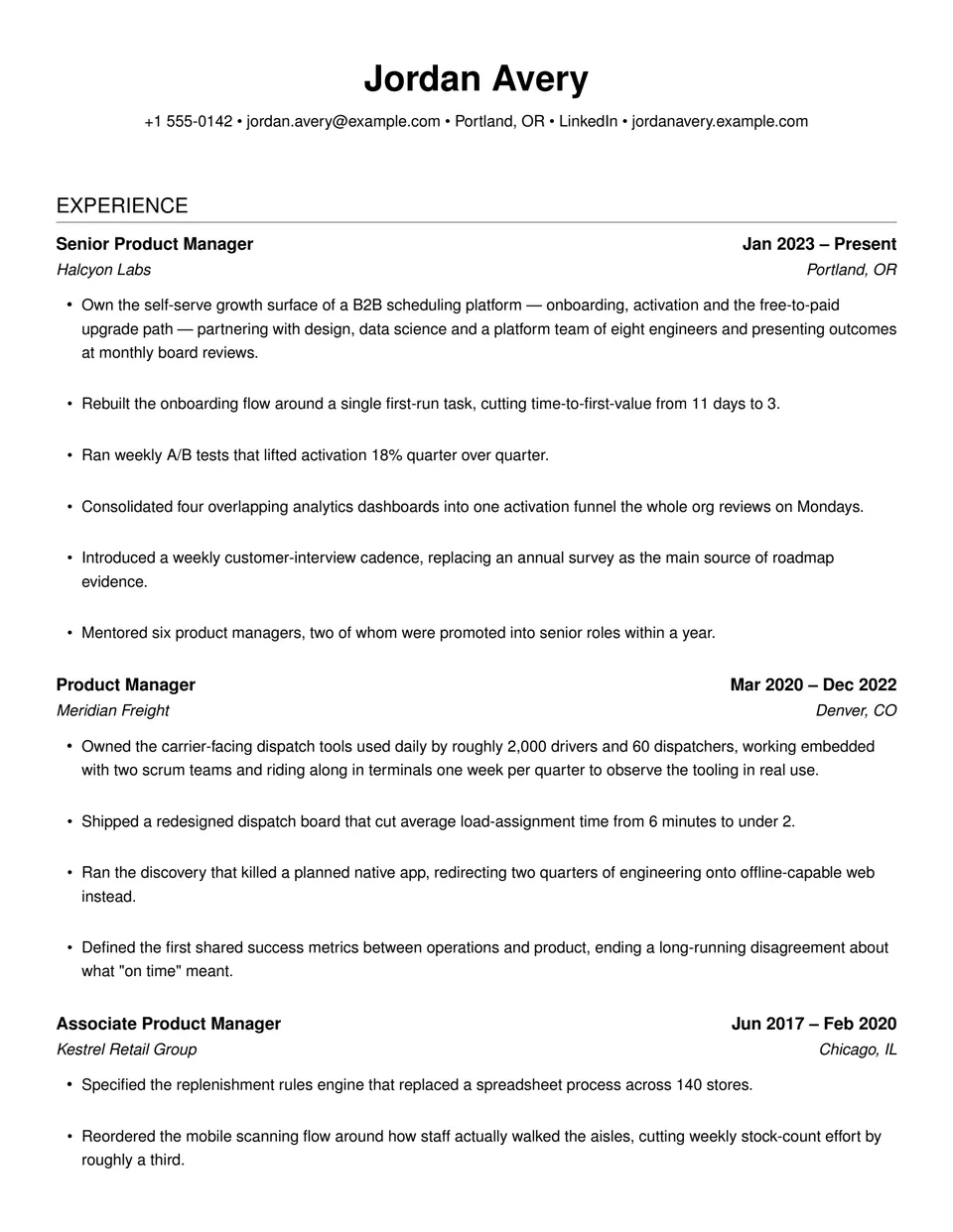 Page one of an example resume: Jordan Avery, Senior Product Manager, with contact details across the top and an experience section listing dated roles at three companies, each with bullet points describing onboarding, experimentation, dispatch tooling and mentoring work.